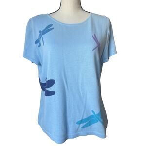 Kim Rogers Women's PXL Top Blue Short Sleeve Dragon Fly Ramie Cotton Blend Shirt